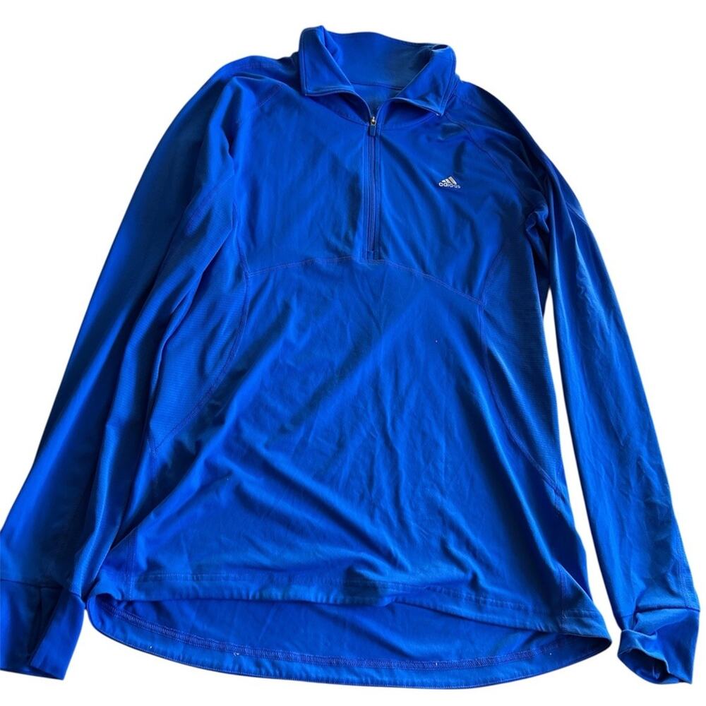 Adidas‎ Climalite 1/4 Zip Women Large Blue Thumb holes Workout Top Long Sleeve
